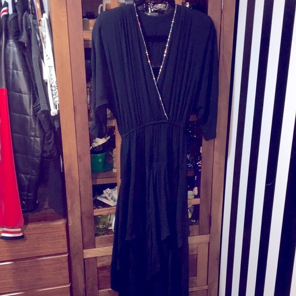 Vintage 1980s Black Flowy Skirt Dancing Dress Rhinestone Trim Small /Med Woman’s - Picture 1 of 17